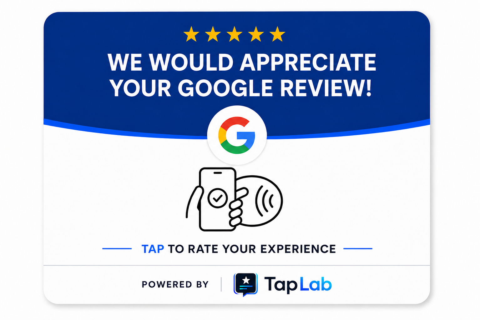 Blue and white acrylic TapLab NFC Google review plate with five stars